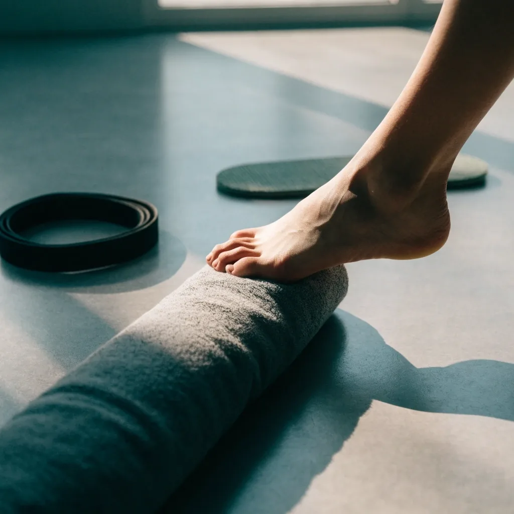 Bare foot na macie z ręcznikiem obok karty ćwiczeń na blacie