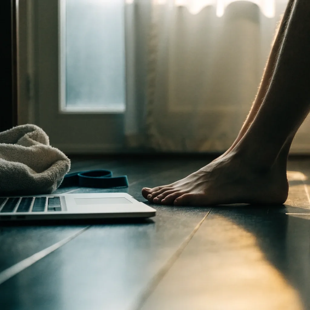 Dłoń odwracająca laptop na ciemnym biurku obok złożonego ręcznika i gumy oporowej