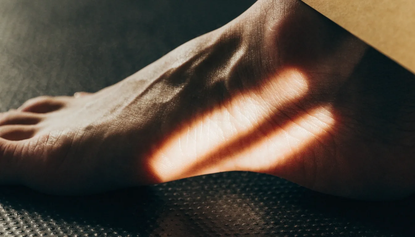 Stopa dociśnięta śródstopiem do ciemnej posadzki, w świetle ciepłych pasów słońca