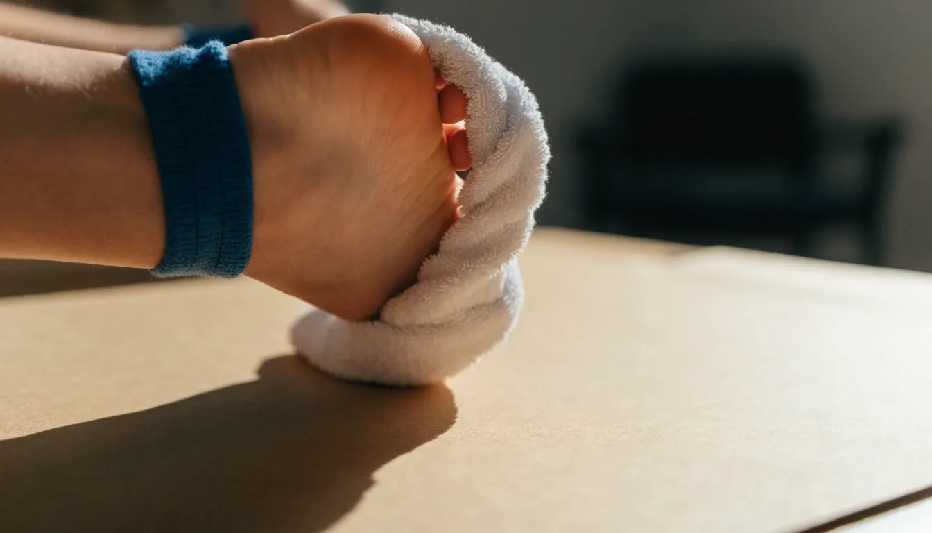 Trzy ćwiczenia stopy ułożone obok siebie na kartonowej powierzchni: nacisk, uniesienie palucha i przyciąganie materiału palcami